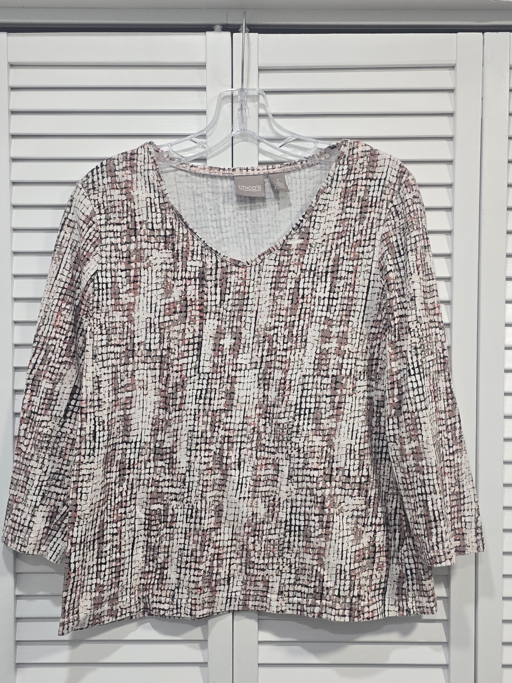 Chico's Pink and Black Grid-Pattern V-Neck Tunic